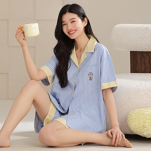 夏芬妍 时尚柔软亲肤时尚条纹翻领开衫家居服简约休闲舒适睡衣套装 女款 蓝色