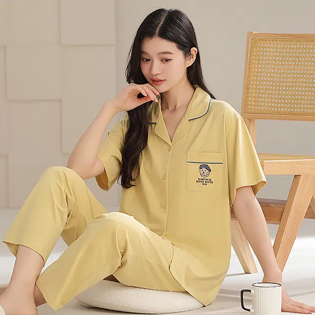 夏芬妍 时尚柔软亲肤戴帽小熊翻领开衫家居服简约休闲舒适短袖长裤可外穿睡衣套装 女款 杏黄色