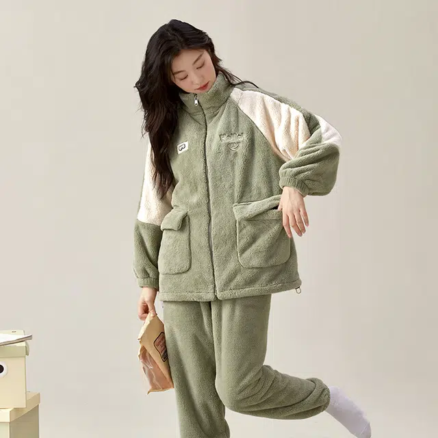 夏芬妍 简约时尚亲肤拉链立领加厚保暖舒适可外穿睡衣套装 女款 海绿色