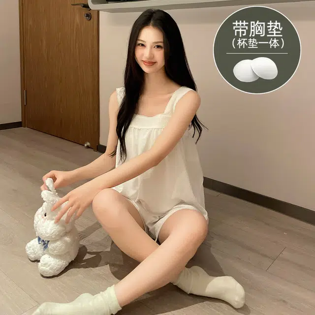 夏芬妍 柔软舒适慵懒风纯色云朵棉家居服亲肤休闲吊带带胸垫短裤时尚可外穿睡衣套装 女款 白色