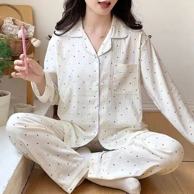 夏芬妍 柔软舒适彩色波点云朵棉开衫家居服亲肤休闲长袖长裤可外穿春秋款睡衣套装 女款 杏色