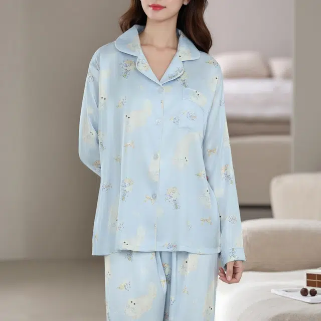 夏芬妍 时尚甜美蝴蝶结小猫冰丝翻领家居服简约休闲舒适亲肤宽松长袖长裤可外穿睡衣套装 女款 蓝色