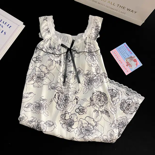 夏芬妍 舒适丝滑柔软国风水墨花卉吊带带胸垫冰丝家居服休闲时尚可外穿睡裙 女款