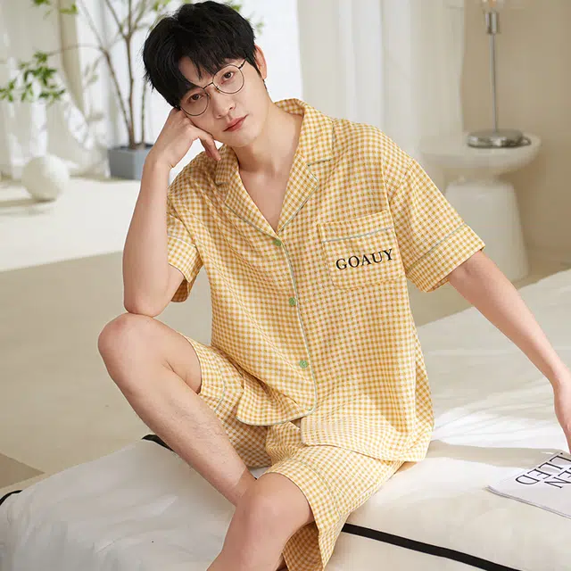 夏芬妍 柔软舒适时尚格子云朵棉翻领家居服亲肤休闲短袖短裤可外穿睡衣套装 男款 黄色