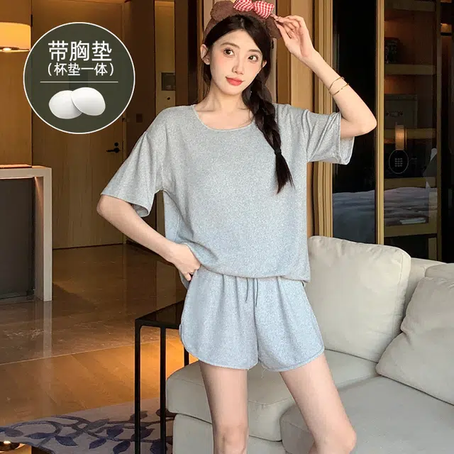 夏芬妍 柔软舒适慵懒风纯色圆领家居服亲肤休闲带胸垫短袖短裤时尚可外穿睡衣套装 女款 浅灰色