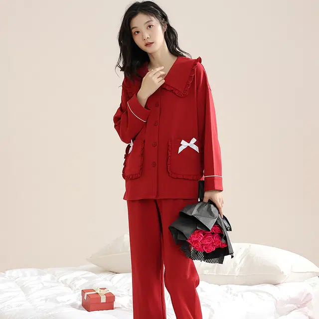 夏芬妍 亲肤舒适蝴蝶结贴袋花边拼接公主领纯棉家居服简约休闲长袖长裤可外穿喜庆本命年睡衣套装 女款 红色