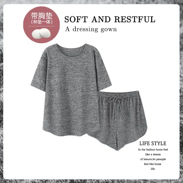 夏芬妍 柔软舒适慵懒风纯色圆领家居服亲肤休闲带胸垫短袖短裤时尚可外穿睡衣套装 女款 深灰色