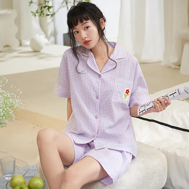 夏芬妍 甜美柔软舒适格子花朵云朵棉翻领家居服亲肤休闲短袖短裤可外穿睡衣套装 女款 紫色