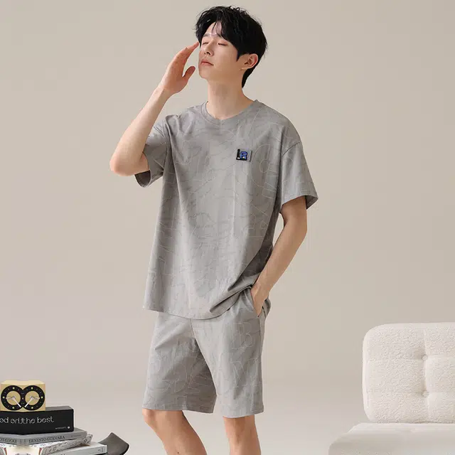 夏芬妍 亲肤舒适字母满印纯棉圆领家居服柔软休闲短袖短裤时尚可外穿睡衣套装 男款
