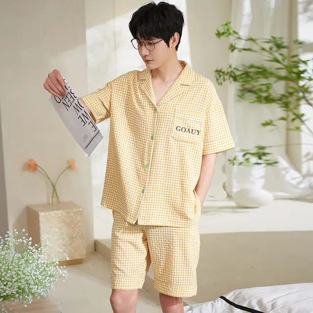 夏芬妍 柔软舒适时尚格子云朵棉翻领家居服亲肤休闲短袖短裤可外穿睡衣套装 男款 黄色