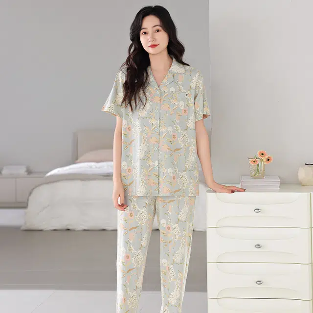 夏芬妍 简约柔软舒适花卉满印翻领短袖上衣家居服亲肤休闲可外穿长裤睡衣套装 女款 灰绿色