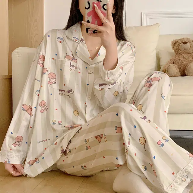 夏芬妍 甜美休闲舒适条纹派对小狗冰丝家居服亲肤宽松长袖长裤时尚可外穿睡衣套装 女款