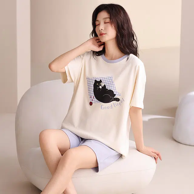 夏芬妍 简约休闲熬夜小猫舒适亲肤宽松短袖短裤时尚圆领可外穿家居服睡衣套装 女款 杏色