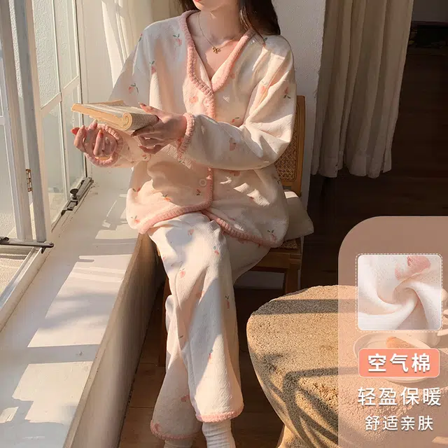 夏芬妍 小清新柔软亲肤开衫家居服加厚保暖蓄温长袖长裤可外穿睡衣套装 女款 粉色