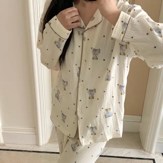 夏芬妍 柔软舒适蝴蝶结小熊云朵棉开衫家居服亲肤休闲长袖长裤可外穿春秋款睡衣套装 女款 杏色