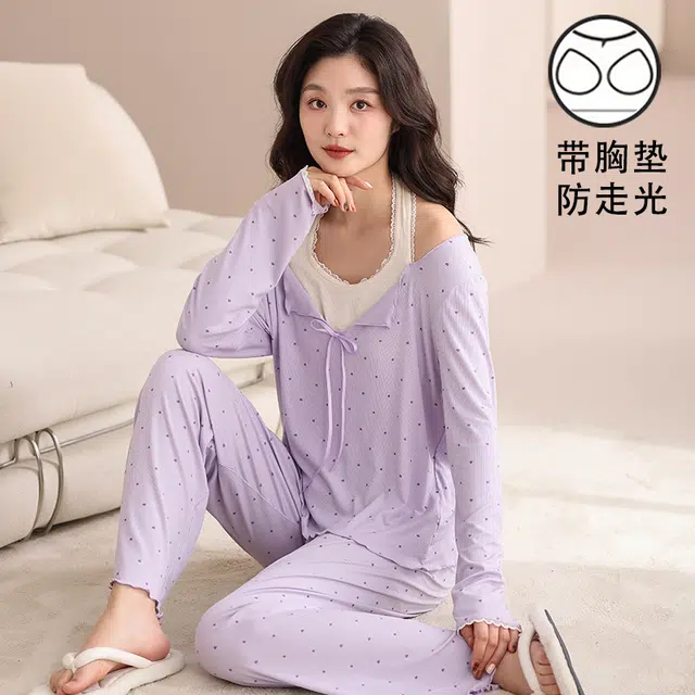 夏芬妍 时尚舒适柔软甜美假两件小爱心带胸垫家居服简约休闲亲肤宽松长袖长裤可外穿睡衣套装 女款 紫色