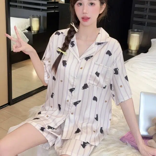 夏芬妍 甜美可爱卡通条纹蜜罐熊冰丝翻领短袖短裤家居服柔软舒适休闲可外穿夏季睡衣套装 女款