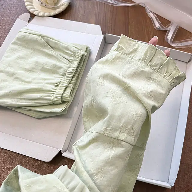 夏芬妍 甜美纯色花朵木耳边翻领家居服亲肤休闲短袖长裤时尚可外穿睡衣套装 女款 绿色