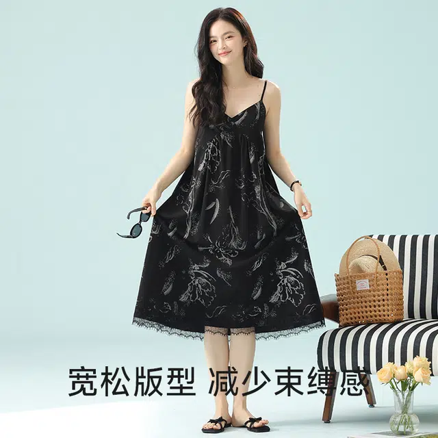 夏芬妍 柔软舒适透气亲肤花卉满印蕾丝边带胸垫睡衣家居服休闲宽松凉感吊带时尚可外穿睡裙 女款 黑色