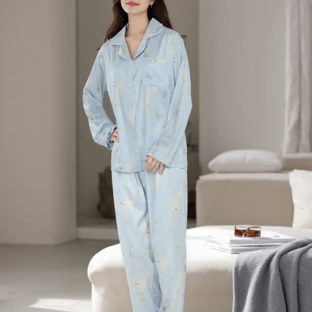 夏芬妍 时尚甜美蝴蝶结小猫冰丝翻领家居服简约休闲舒适亲肤宽松长袖长裤可外穿睡衣套装 女款 蓝色