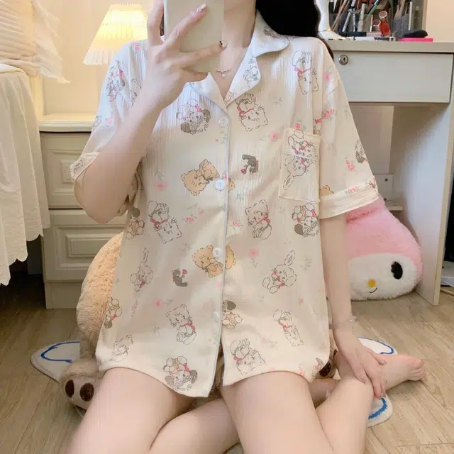 夏芬妍 柔软舒适可爱小猫咪云朵棉翻领开衫家居服亲肤休闲短袖短裤可外穿睡衣套装 女款 杏色