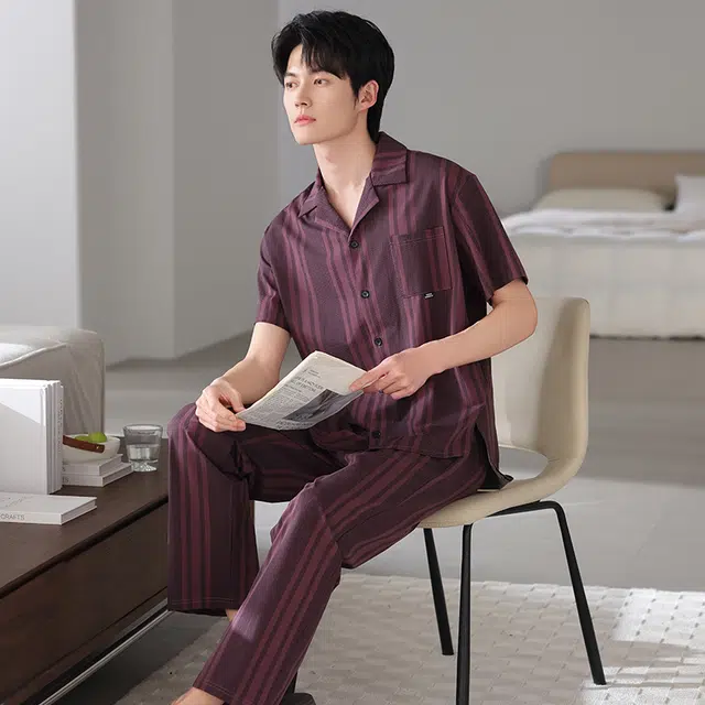 夏芬妍 简约时尚大方柔软舒适条纹翻领家居服亲肤休闲短袖长裤可外穿睡衣套装 男款 砖红色