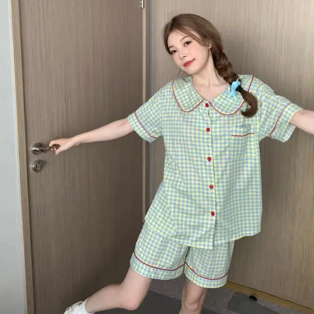 夏芬妍 柔软舒适甜美格子云朵棉翻领开衫家居服亲肤休闲短袖短裤休闲可外穿睡衣套装 女款