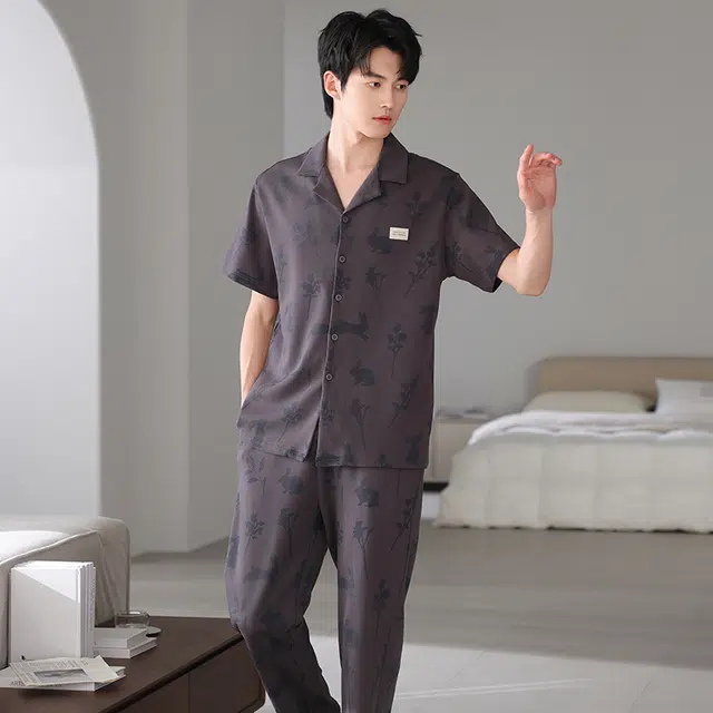 夏芬妍 简约时尚大方柔软舒适兔子花朵翻领家居服亲肤休闲短袖长裤可外穿睡衣套装 男款 棕色