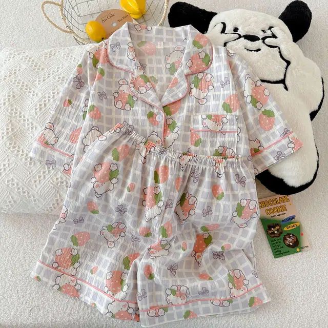 夏芬妍 柔软舒适格子草莓兔云朵棉翻领开衫家居服亲肤休闲短袖短裤休闲可外穿睡衣套装 女款