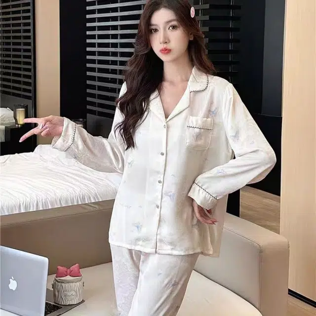 夏芬妍 简约休闲高级感翻领家居服舒适亲肤长袖长裤可外穿睡衣套装 女款 白色