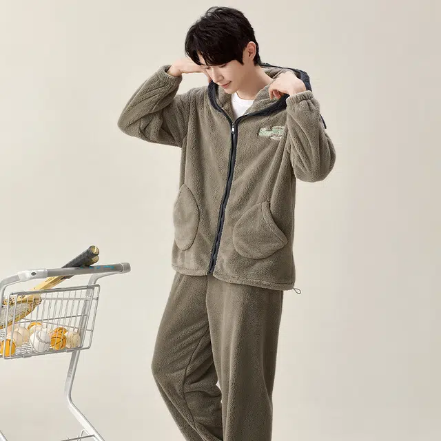 夏芬妍 简约时尚亲肤卡通连帽贵妃绒家居服加绒加厚保暖舒适可外穿秋冬款睡衣套装 男款 海鸥灰