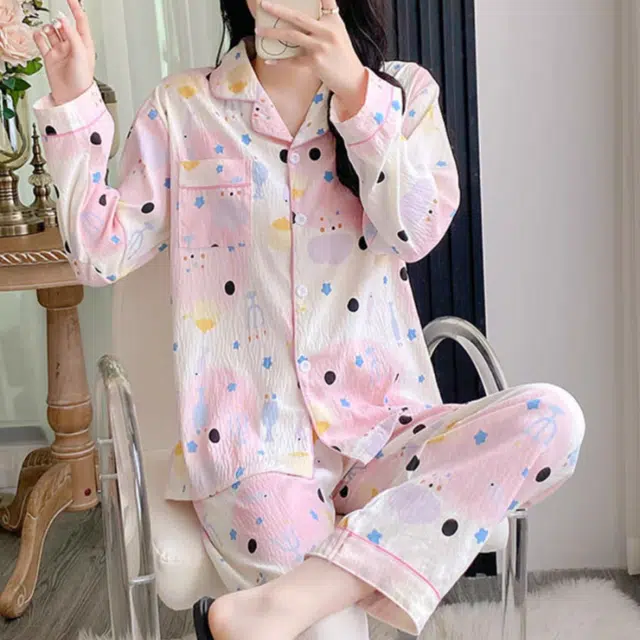 夏芬妍 柔软舒适可爱小鱼儿云朵棉开衫家居服亲肤休闲长袖长裤可外穿春秋款睡衣套装 女款 粉色