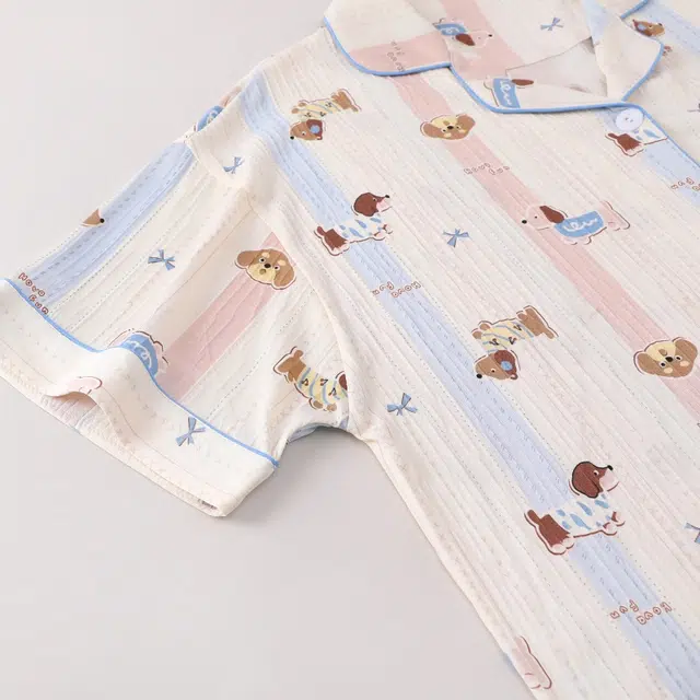 夏芬妍 甜美可爱卡通条纹萌宠翻领云朵棉短袖三件套家居服柔软舒适休闲可外穿睡衣套装 女款