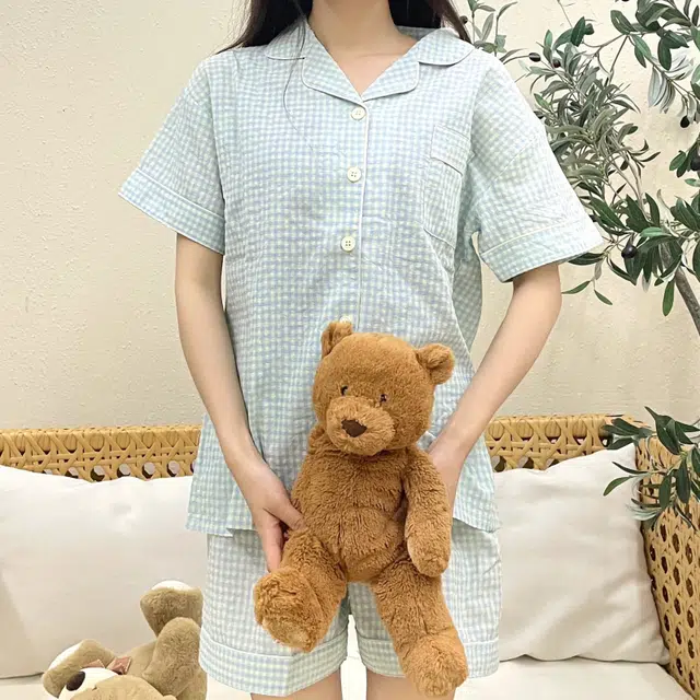 夏芬妍 简约休闲舒适时尚纯色纯棉翻领家居服亲肤宽松短袖短裤可外穿睡衣套装 女款 蓝色