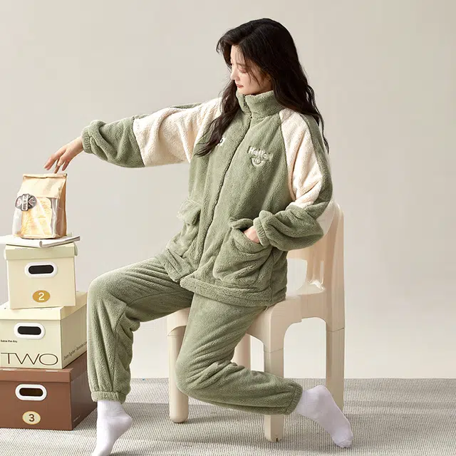 夏芬妍 简约时尚亲肤拉链立领加厚保暖舒适可外穿睡衣套装 女款 海绿色