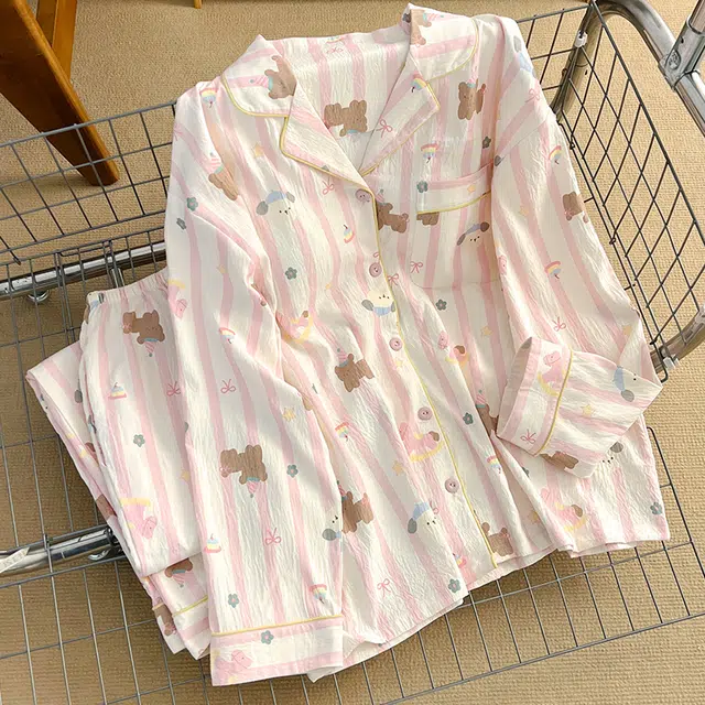 夏芬妍 甜美舒适柔软条纹卡通小熊翻领带胸垫云朵棉家居服简约休闲亲肤宽松长袖长裤可外穿睡衣套装 女款 粉色