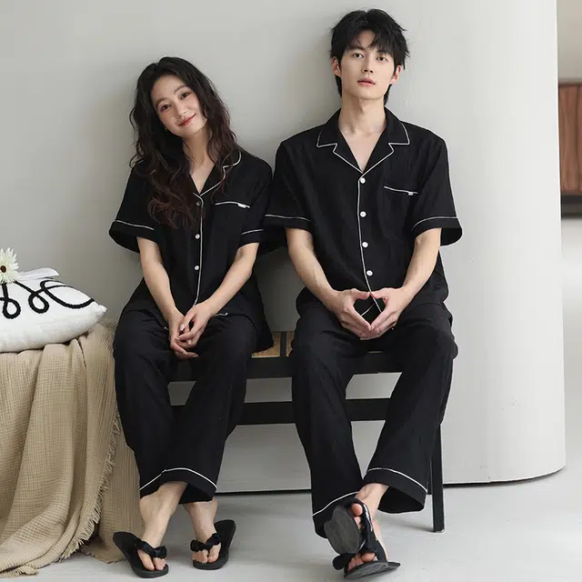 夏芬妍 时尚柔软舒适纯色云朵棉翻领开衫家居服休闲亲肤时尚可外穿短袖长裤睡衣套装 男女同款 黑色