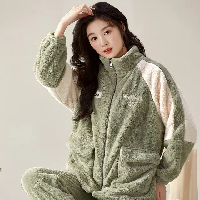 夏芬妍 简约时尚亲肤拉链立领加厚保暖舒适可外穿睡衣套装 女款 海绿色