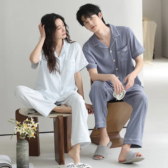 夏芬妍 柔软舒适纯色云朵棉时尚翻领开衫家居服休闲亲肤可外穿短袖长裤睡衣套装 男女同款