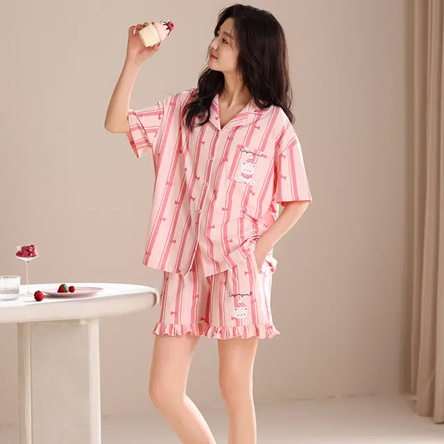 夏芬妍 甜美可爱条纹蝴蝶结小熊舒适亲肤宽松短袖短裤时尚翻领可外穿家居服睡衣套装 女款 粉色