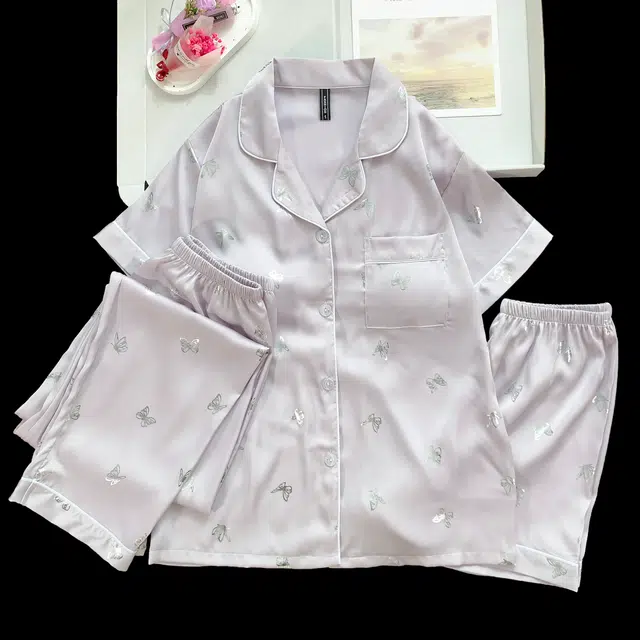 夏芬妍 简约休闲高级感蝴蝶冰丝翻领带胸垫家居服舒适亲肤短袖可外穿睡衣套装 女款 紫色