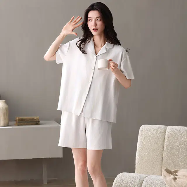 夏芬妍 简约舒适柔软素色纹理纯棉翻领家居服透气亲肤宽松短袖短裤可外穿睡衣套装 女款 杏色
