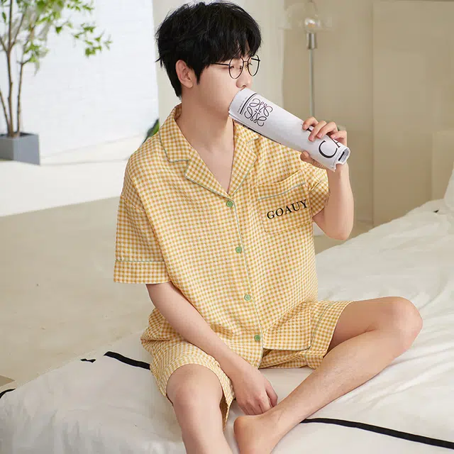 夏芬妍 柔软舒适时尚格子云朵棉翻领家居服亲肤休闲短袖短裤可外穿睡衣套装 男款 黄色