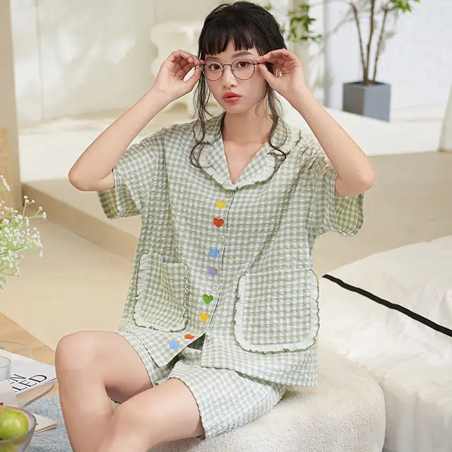 夏芬妍 甜美柔软舒适格子爱心云朵棉翻领家居服亲肤休闲短袖短裤可外穿睡衣套装 女款 绿色