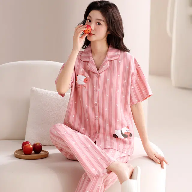 夏芬妍 甜美可爱条纹爱心小熊云朵棉舒适亲肤宽松凉感短袖三件套时尚翻领带胸垫可外穿家居服睡衣套装 女款 粉色