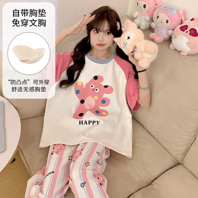 夏芬妍 柔软舒适休闲圆领条纹卡通带胸垫短袖长裤时尚可外穿家居服睡衣套装 女款 粉色