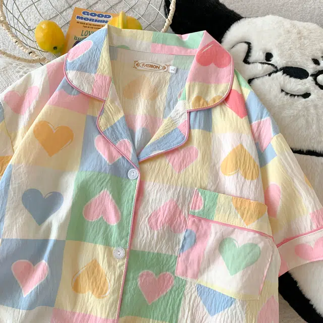 夏芬妍 柔软舒适格子爱心云朵棉翻领开衫家居服亲肤休闲短袖三件套时尚可外穿睡衣套装 女款 图片色