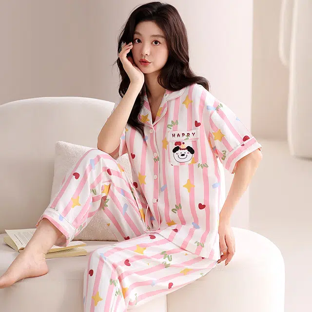 夏芬妍 甜美可爱条纹爱心狗云朵棉舒适亲肤宽松凉感短袖三件套时尚翻领带胸垫可外穿家居服睡衣套装 女款 粉色