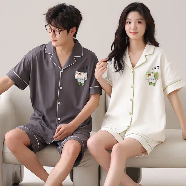 夏芬妍 柔软安睡小鸭翻领家居服休闲舒适短袖短裤时尚可外穿睡衣套装 男女同款