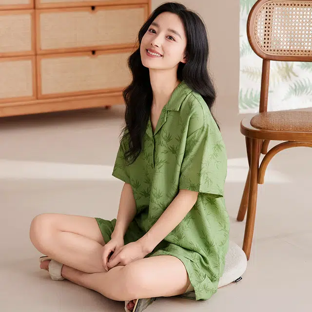 夏芬妍 甜美可爱印花云朵棉舒适亲肤休闲凉感短袖短裤时尚开衫可外穿家居服睡衣套装 女款 绿色